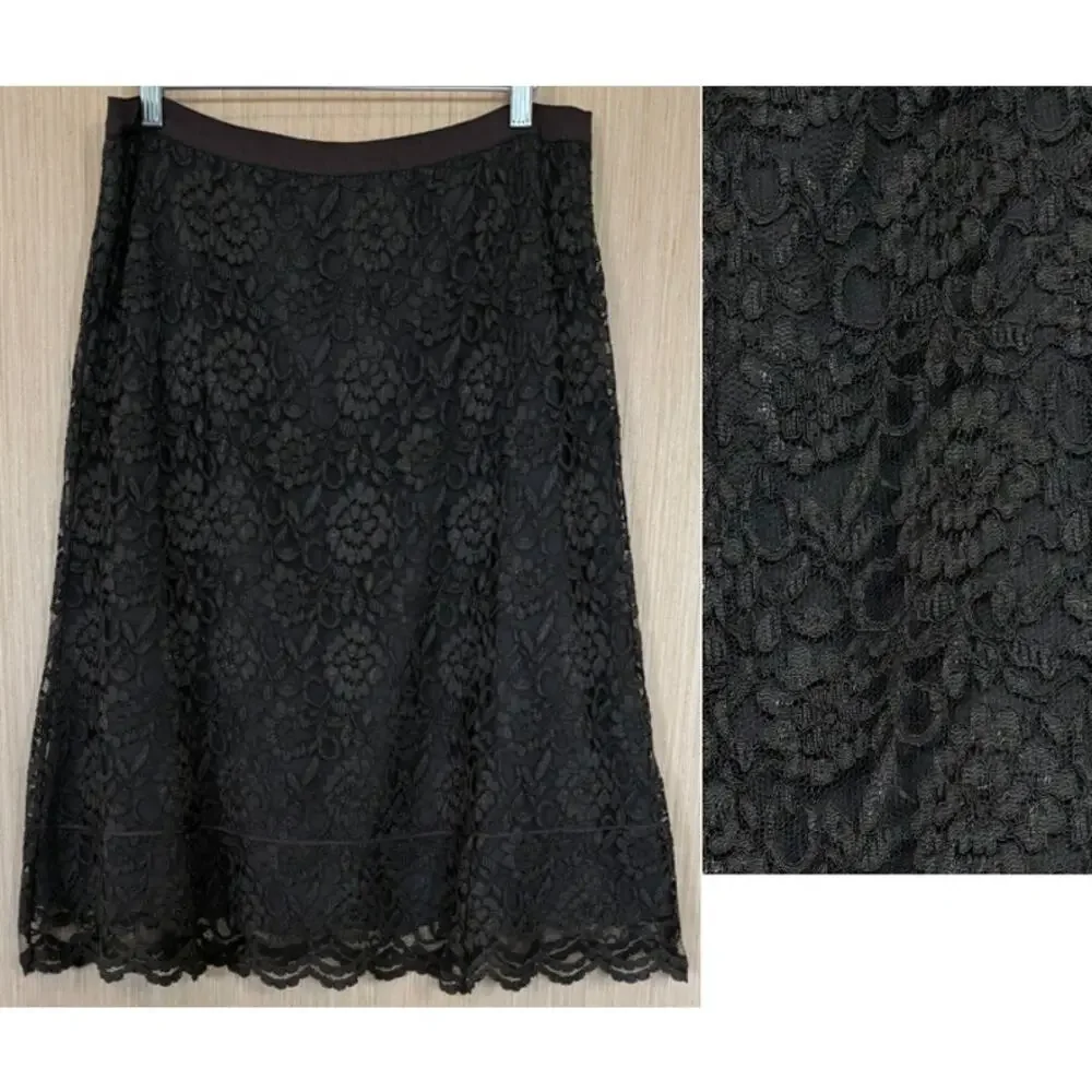 Vtg Y2K Old Navy Floral Lace Midi Skirt Womens Size 12 Brown Forest Fairy